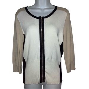 White House Black Market ColorBlock Zip Front Cardigan Sweater S Tan Cream Black